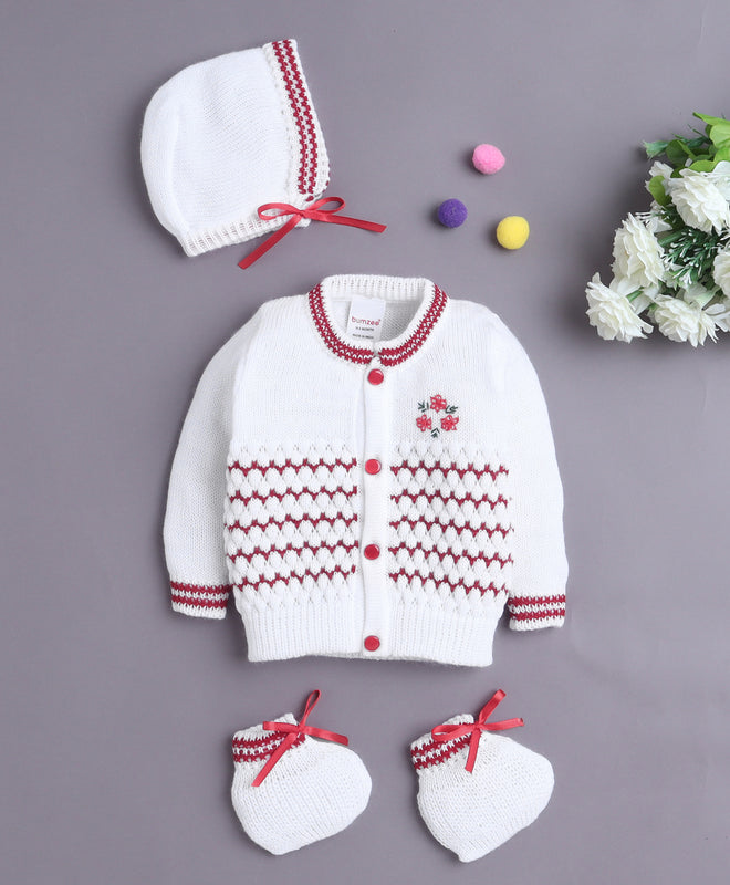White & Maroon Baby Boys Full Sleeves Acrylic Blend Sweater With Cap & Socks