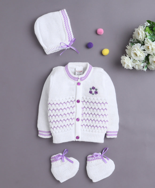 White & Lavender Baby Girls Full Sleeves Acrylic Blend Sweater With Cap & Socks