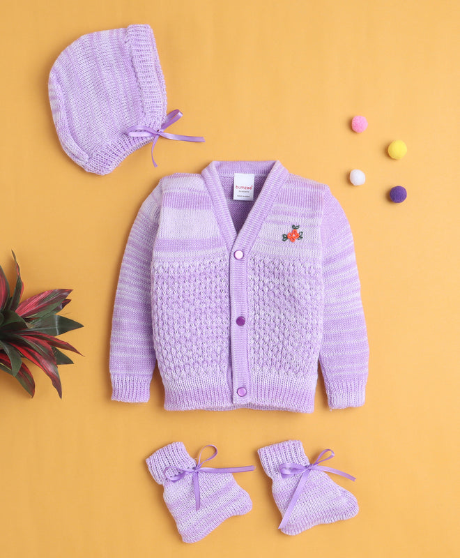 Lavender Baby Girls Full Sleeves Acrylic Blend Sweater With Cap & Socks