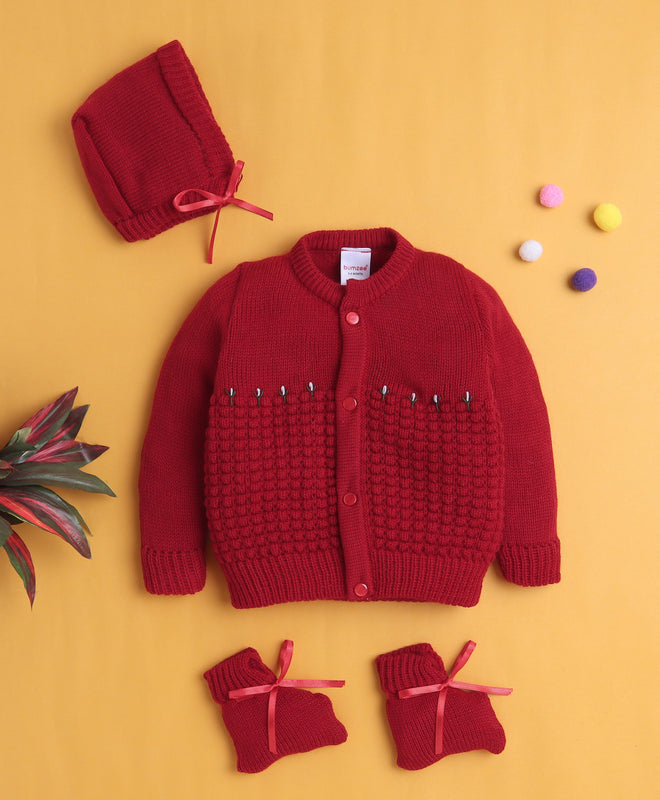 Maroon Baby Boys Full Sleeves Acrylic Blend Sweater With Cap & Socks