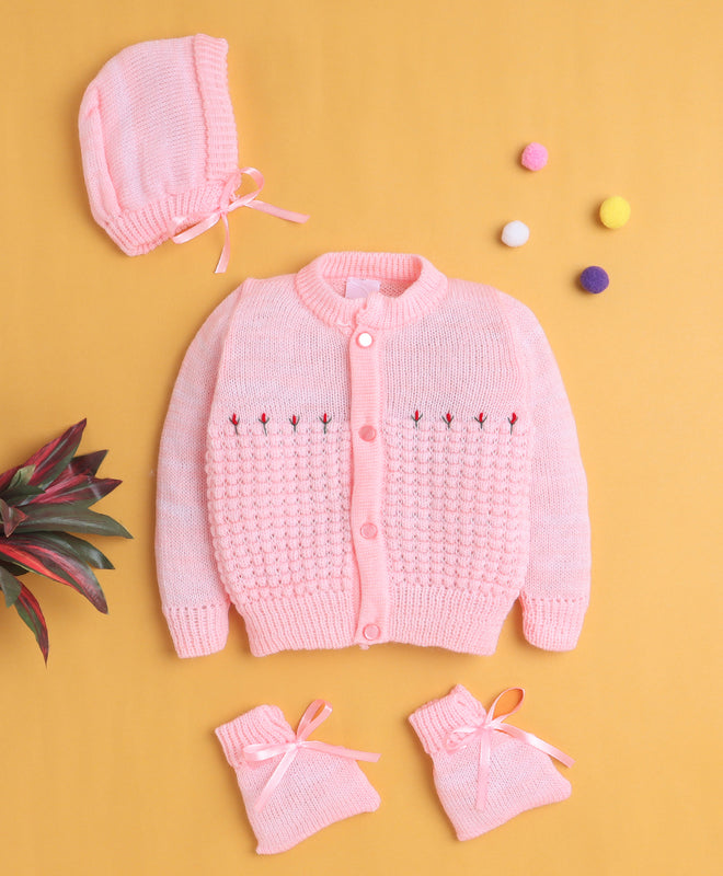 Pink Baby Girls Full Sleeves Acrylic Blend Sweater With Cap & Socks