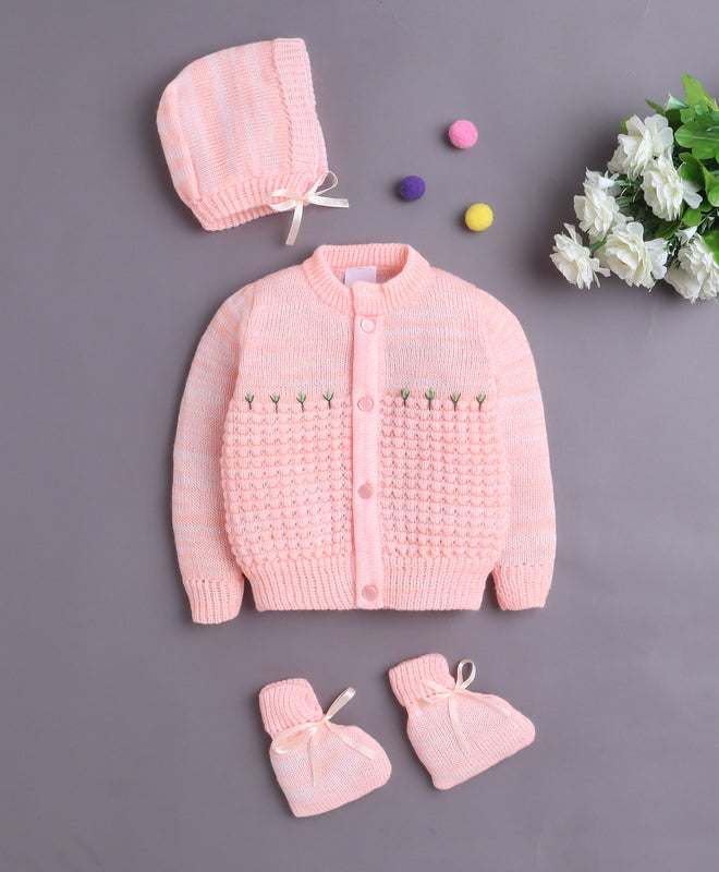 Orange Baby Boys Full Sleeves Acrylic Blend Sweater With Cap & Socks