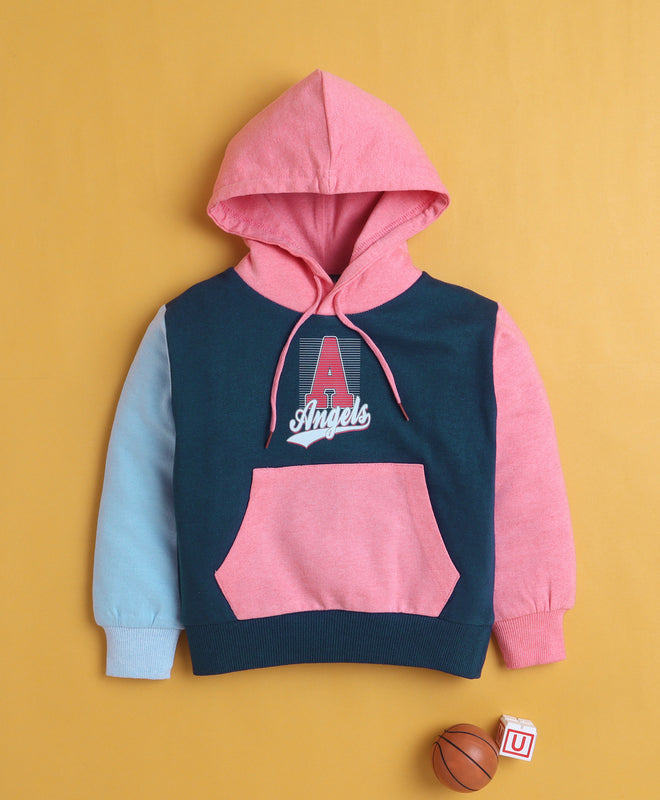 Navy & Pink Girls Full Sleeves Cotton Hooded Sweatshirt