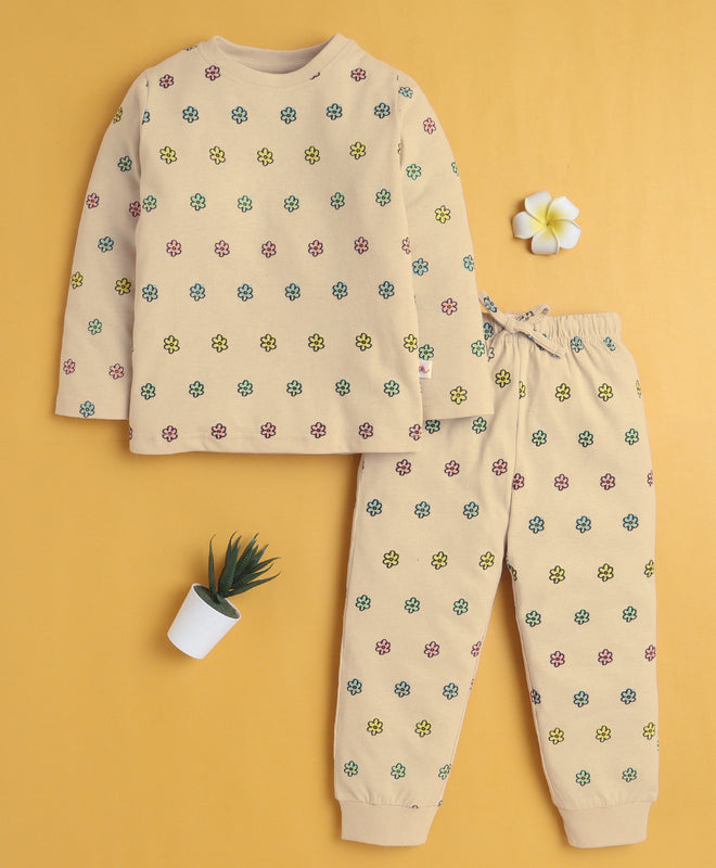 Beige Girls Full Sleeves Cotton T-Shirt & Pyjama Set