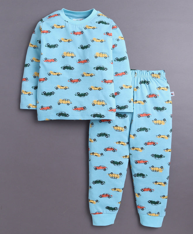 Sky Blue Boys Full Sleeves Cotton T-Shirt & Pyjama Set