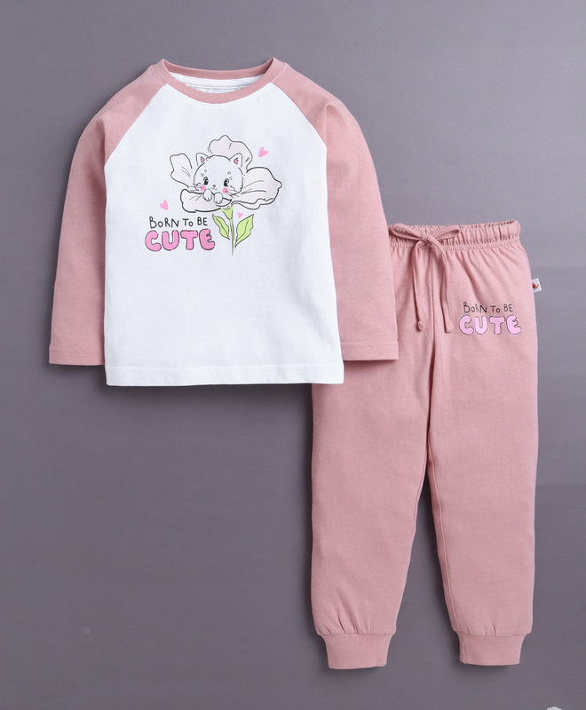 Pink & White Girls Full Sleeves Cotton T-Shirt & Pyjama Set