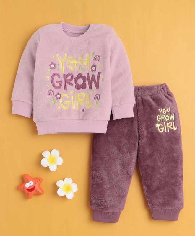Mauve & Pink Girls Full Sleeves Sweatshirt & Jogger Set