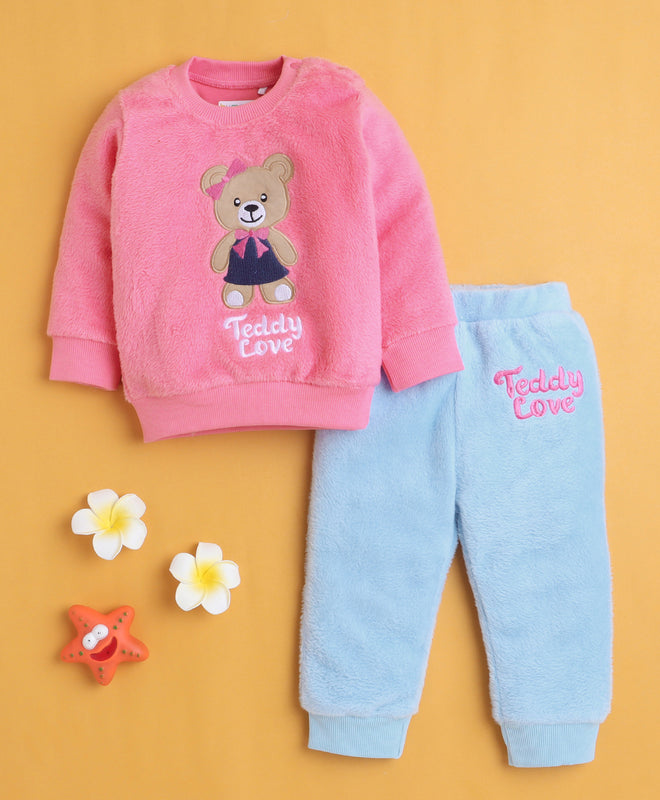 Pink & Sky Blue Girls Full Sleeves Sweatshirt & Jogger Set
