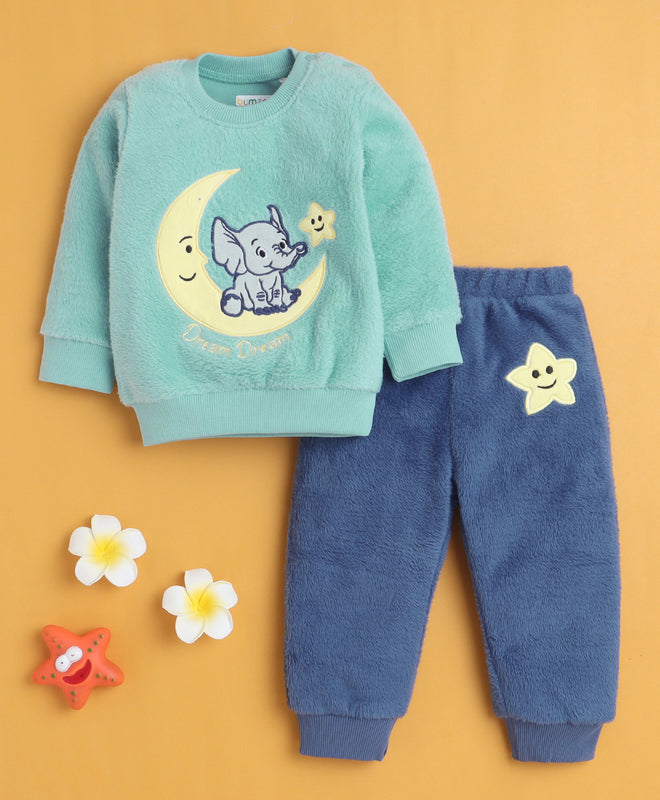 Sea Green & Blue Boys Full Sleeves Sweatshirt & Jogger Set