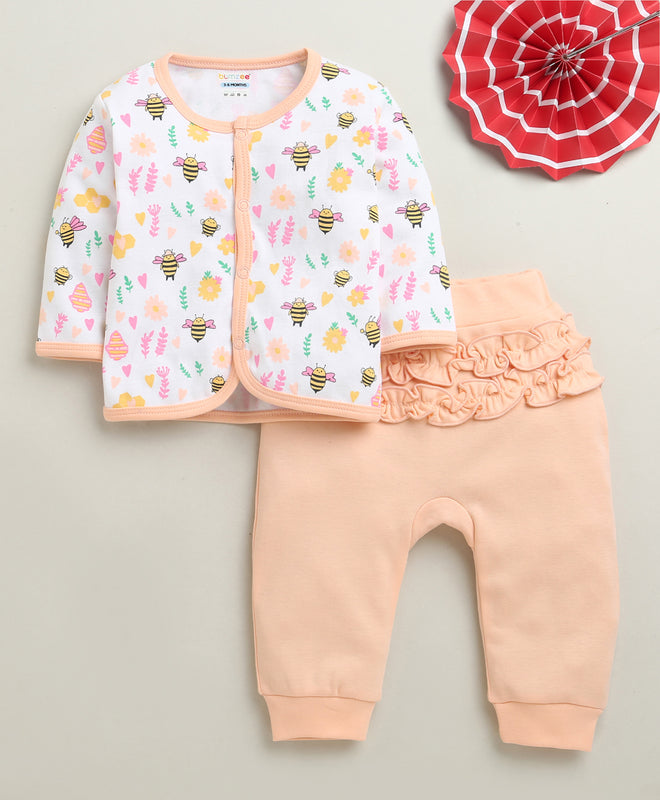 Peach & White Baby Girls Full Sleeves Jabla & Pyjama Set