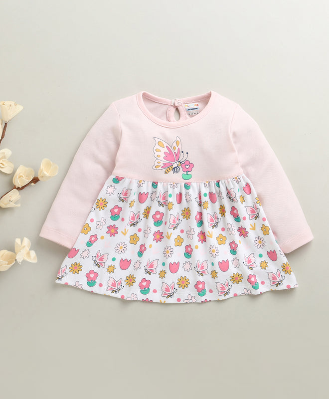 Pink & White Girls Full Sleeves Cotton Knee Length Frock