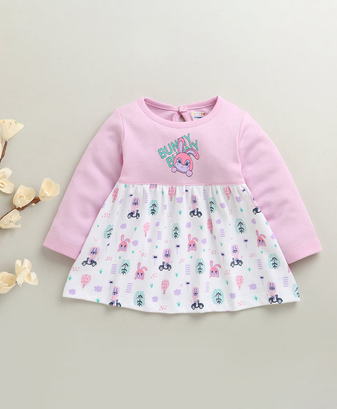 Lilac & White Girls Full Sleeves Cotton Knee Length Frock