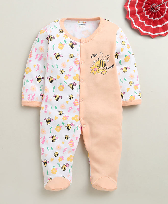 Peach & White Baby Girls Full Sleeves Cotton Sleepsuit