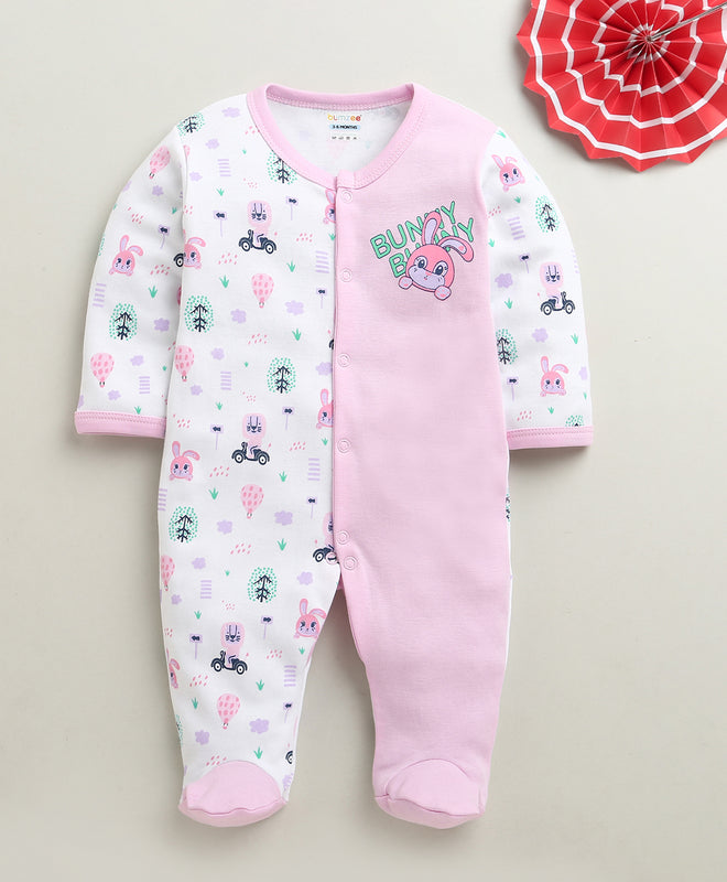 White & Lilac Baby Girls Full Sleeves Cotton Sleepsuit