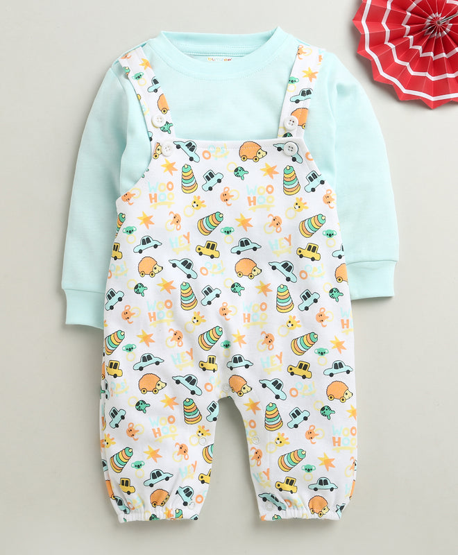 White & Sky Blue Baby Boys Full Sleeves Cotton Dungaree Set