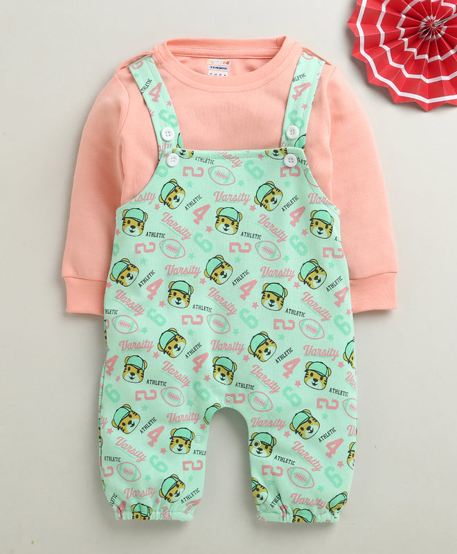 Mint Green & Peach Baby Girls Full Sleeves Cotton Dungaree Set
