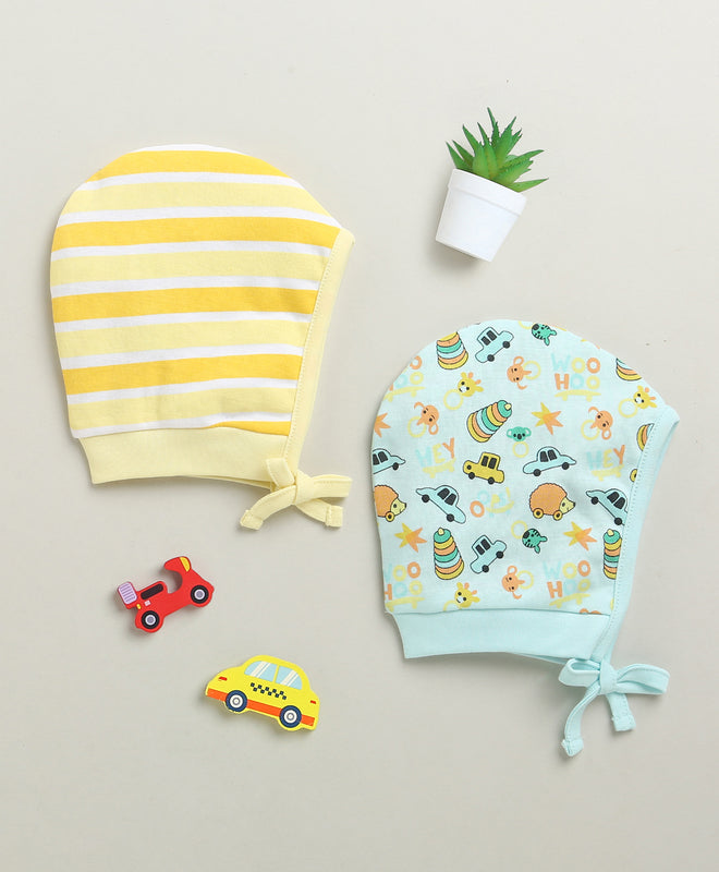 Sky Blue & Yellow Boys Cotton Pack Of 2 Bonet Cap