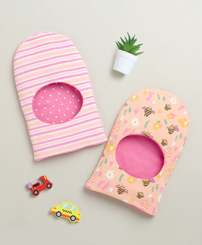 Peach & Pink Girls Cotton Pack Of 2 Monkey Cap
