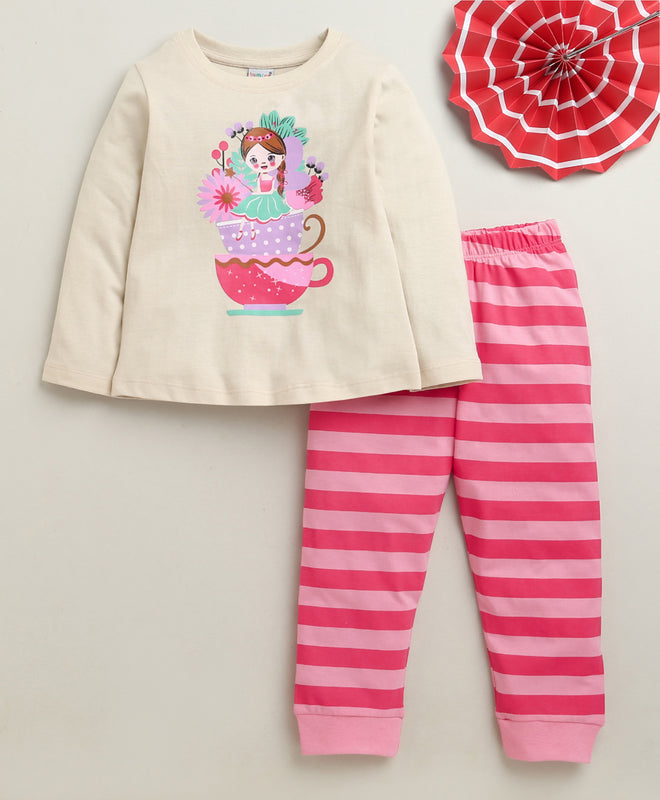 Beige & Pink Girls Full Sleeves Cotton T-Shirt & Pyjama Set
