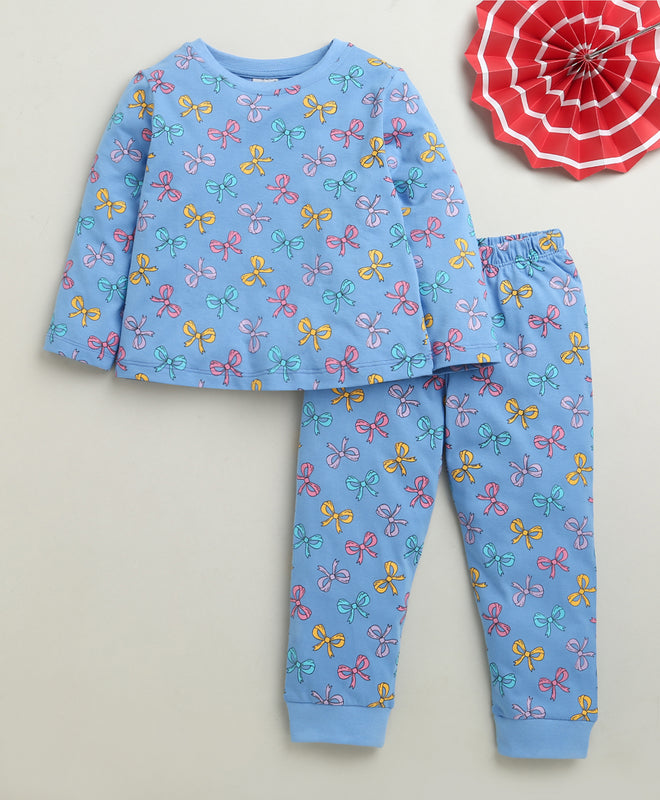 Blue Girls Full Sleeves Cotton T-Shirt & Pyjama Set