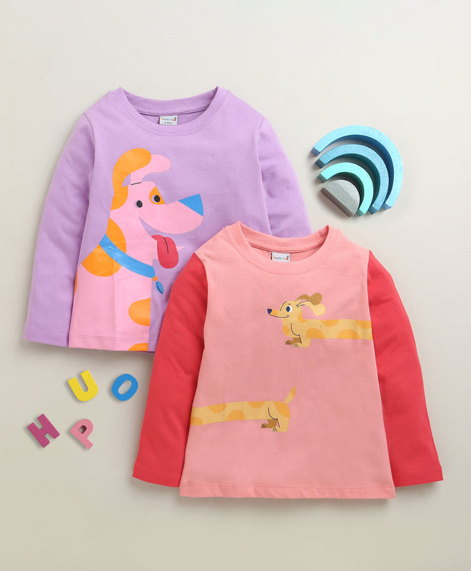 BUMZEE Pink & Lavender Girls Full Sleeves Cotton T-Shirts Pack Of 2