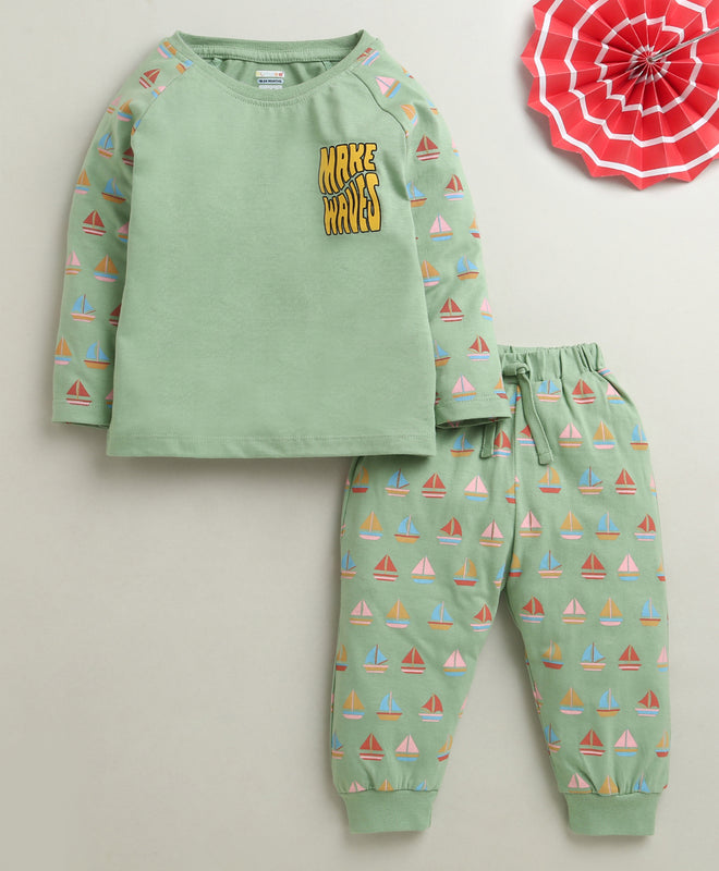 Green Boys Full Sleeves Cotton T-Shirt & Pyjama Set