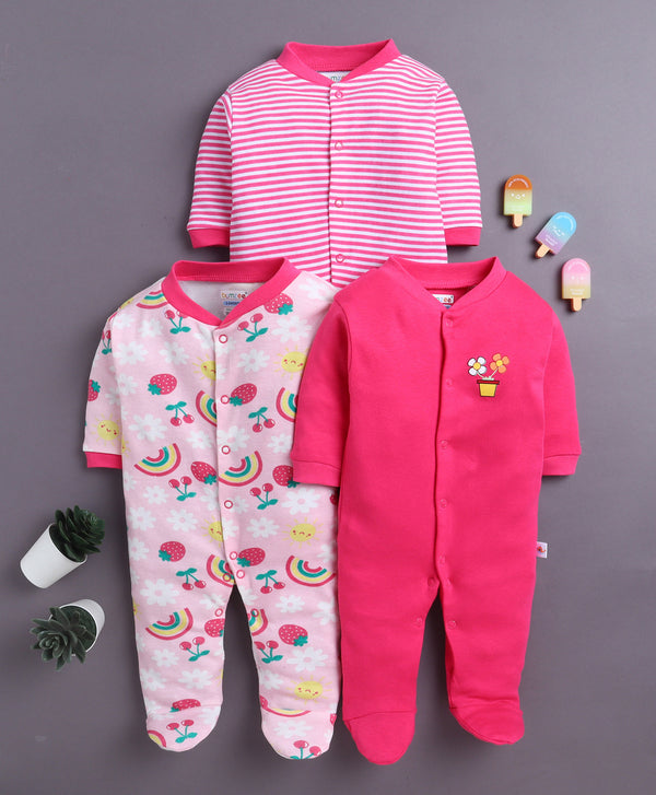 Bumzee Pink & Baby Pink Floral Print Sleepsuit, Pack of 3, Full Sleeves