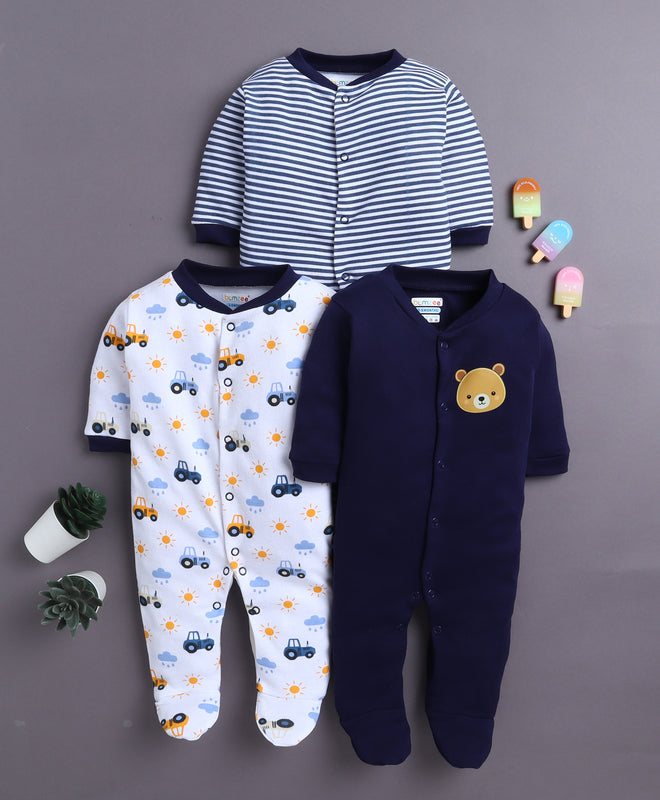Navy & White Baby Boys Full Sleeves Sleepsuit Pack Of 3