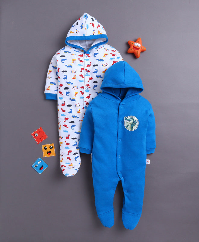 Royal Blue & White Baby Boys Full Sleeves Hooded Sleepsuit Pack Of 2