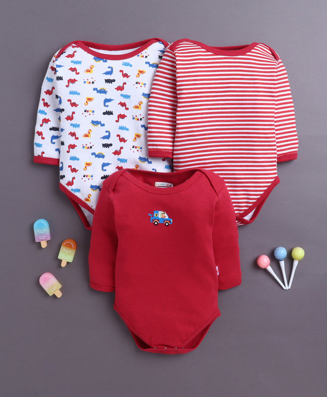 Red & White Baby Boys Full Sleeves Cotton Bodysuit / Onesies Pack Of 3