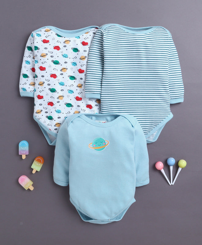 Sky Blue & White Baby Boys Full Sleeves Cotton Bodysuit / Onesies Pack Of 3