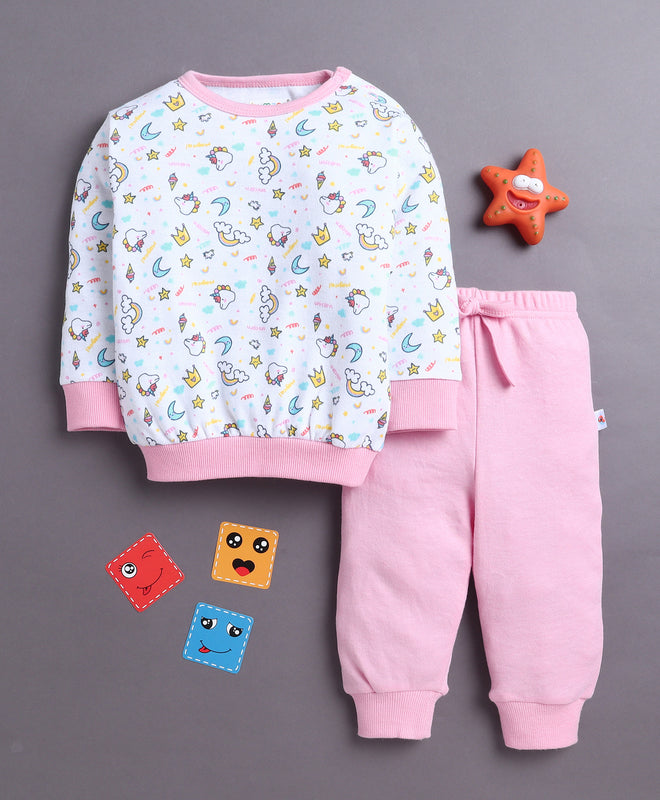 White & Baby Pink Girls Full Sleeves Cotton T-Shirt & Jogger Set