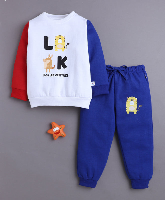 White & Blue Boys Full Sleeves Sweatshirt & Jogger Set