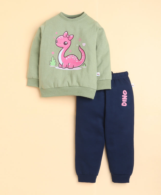 Green & Navy Girls Full Sleeves Sweatshirt & Jogger Set