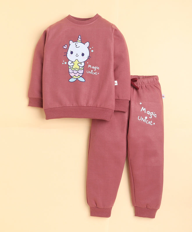 Brick Red Girls Full Sleeves Sweatshirt & Jogger Set