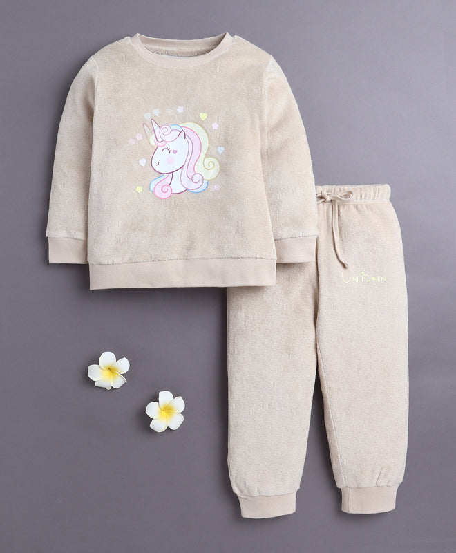 Beige Girls Full Sleeves Sweatshirt & Jogger Set