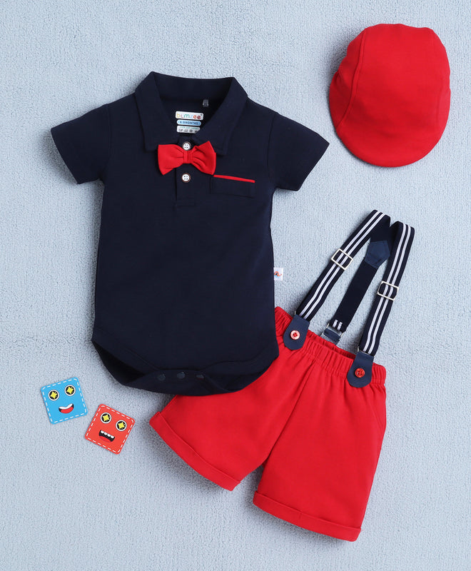 Navy & Red Boys Half Sleeves Bodysuit & Short Set With Applique Bow Suspender & Cap
