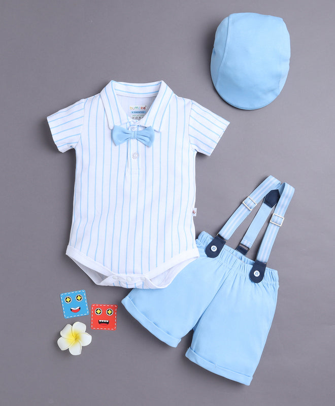White & Sky Blue Boys Half Sleeves Bodysuit & Short Set With Applique Bow Suspender & Cap