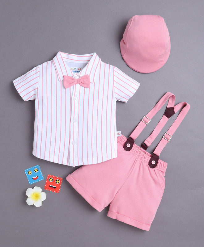 BUMZEE White & Pink Boys Half Sleeves Shirt & Short Set With Applique Bow Suspender & Cap