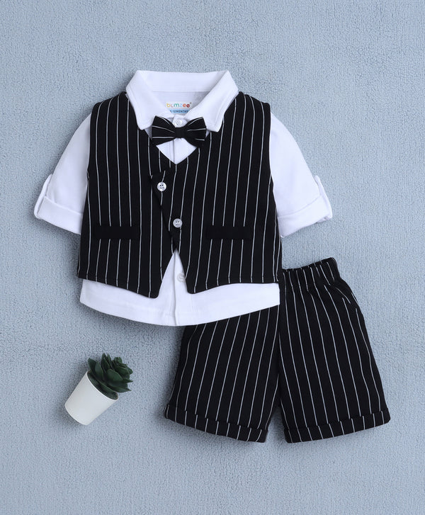 White & Black Boys Full Sleeves Shirt Waistcoat & Short Set With Applique Bow