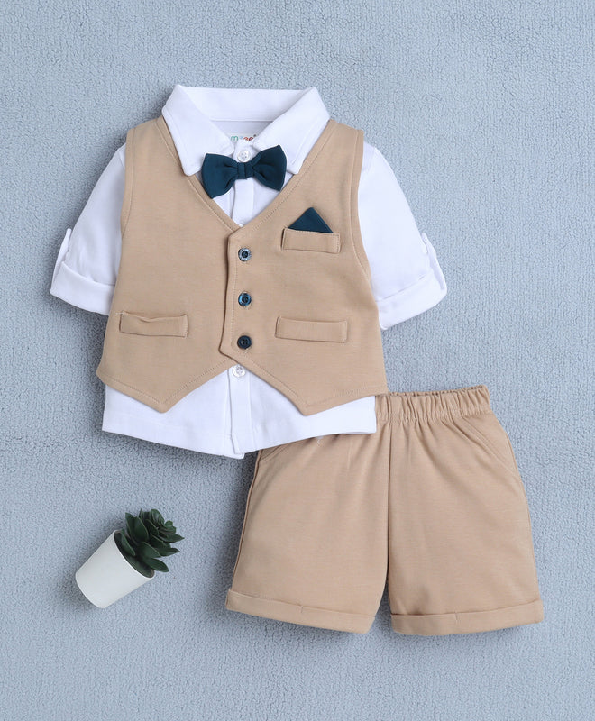 BUMZEE Beige & White Boys Full Sleeves Shirt Waistcoat & Short Set With Applique Bow