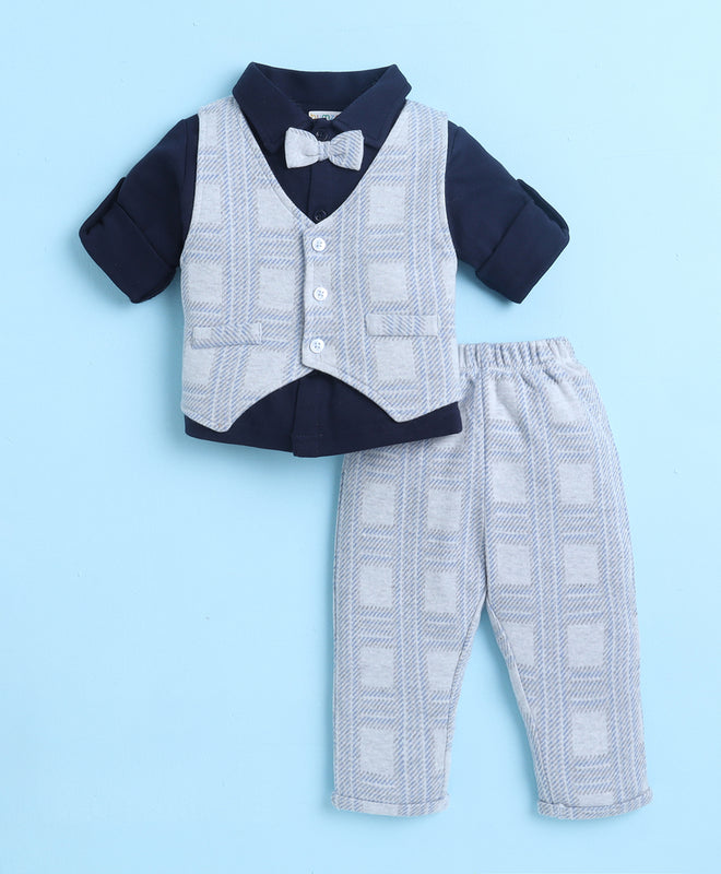 BUMZEE Navy & Grey Boys Full Sleeves Shirt Waistcoat & Pant Set With Applique Bow