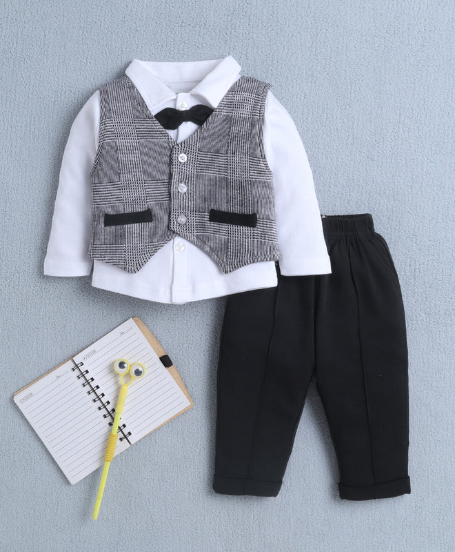 BUMZEE White & Black Boys Full Sleeves Shirt Waistcoat & Pant Set With Applique Bow