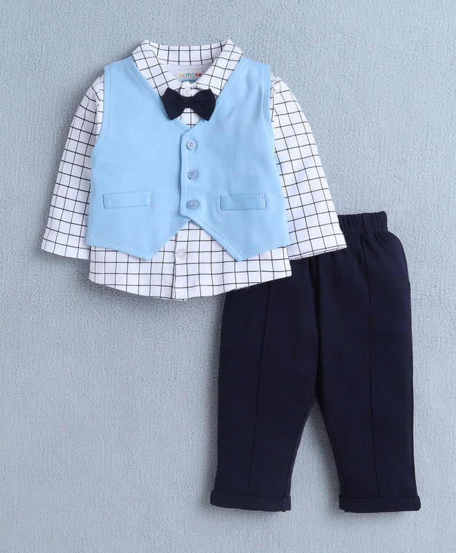 BUMZEE White & Navy Boys Full Sleeves Shirt Waistcoat & Pant Set With Applique Bow