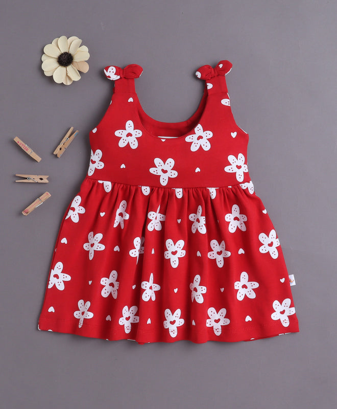 Red Girls Sleeveless Cotton Knee Length Frock