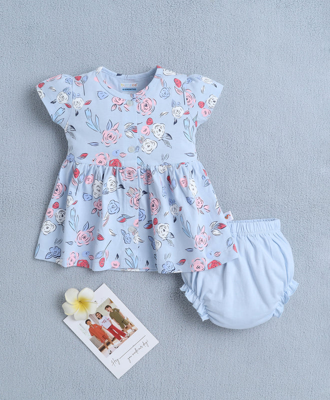Sky Blue Girls Cap Sleeves Frock With Panty