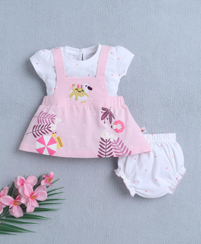 Pink & White Girls Cap Sleeves Frock With Inner Top & Panty
