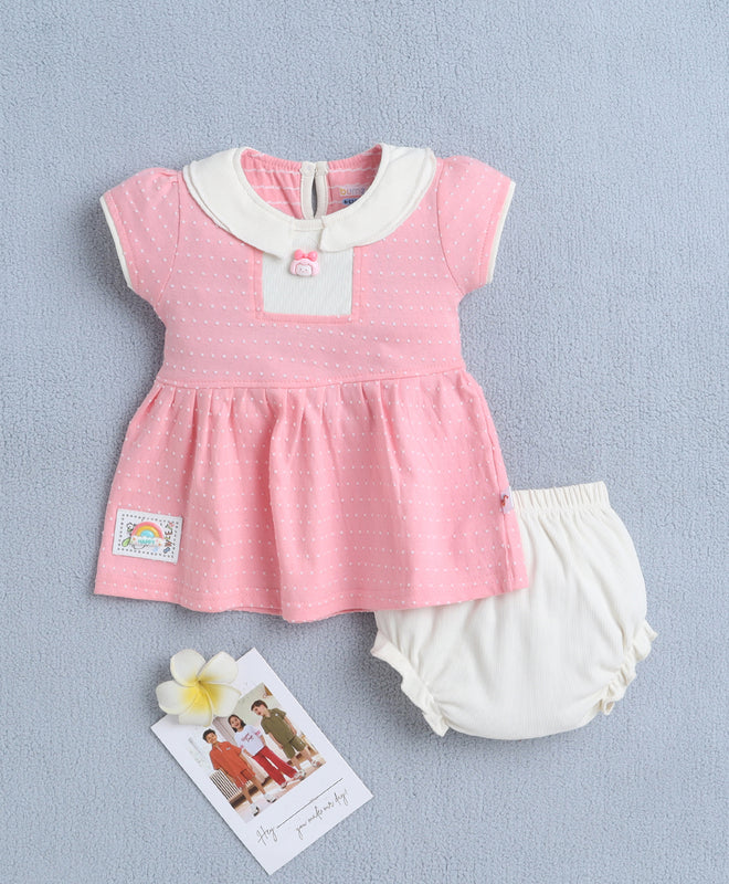 Pink & Cream Girls Cap Sleeves Frock With Panty