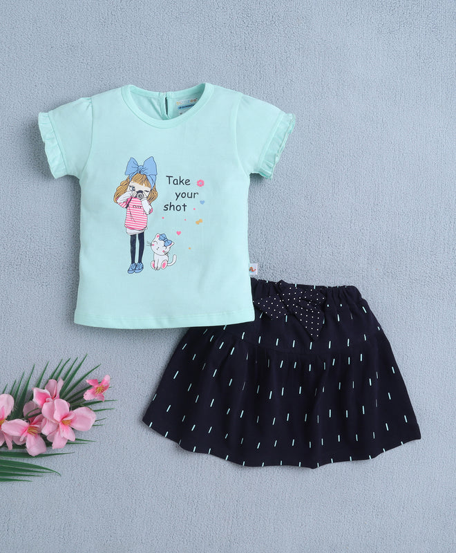 BUMZEE Mint & Navy Girls Cap Sleeves Top & Skirt Set