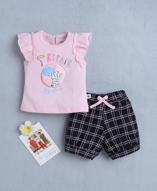 BUMZEE Pink & Navy Girls Cap Sleeves T-shirt & Short Set